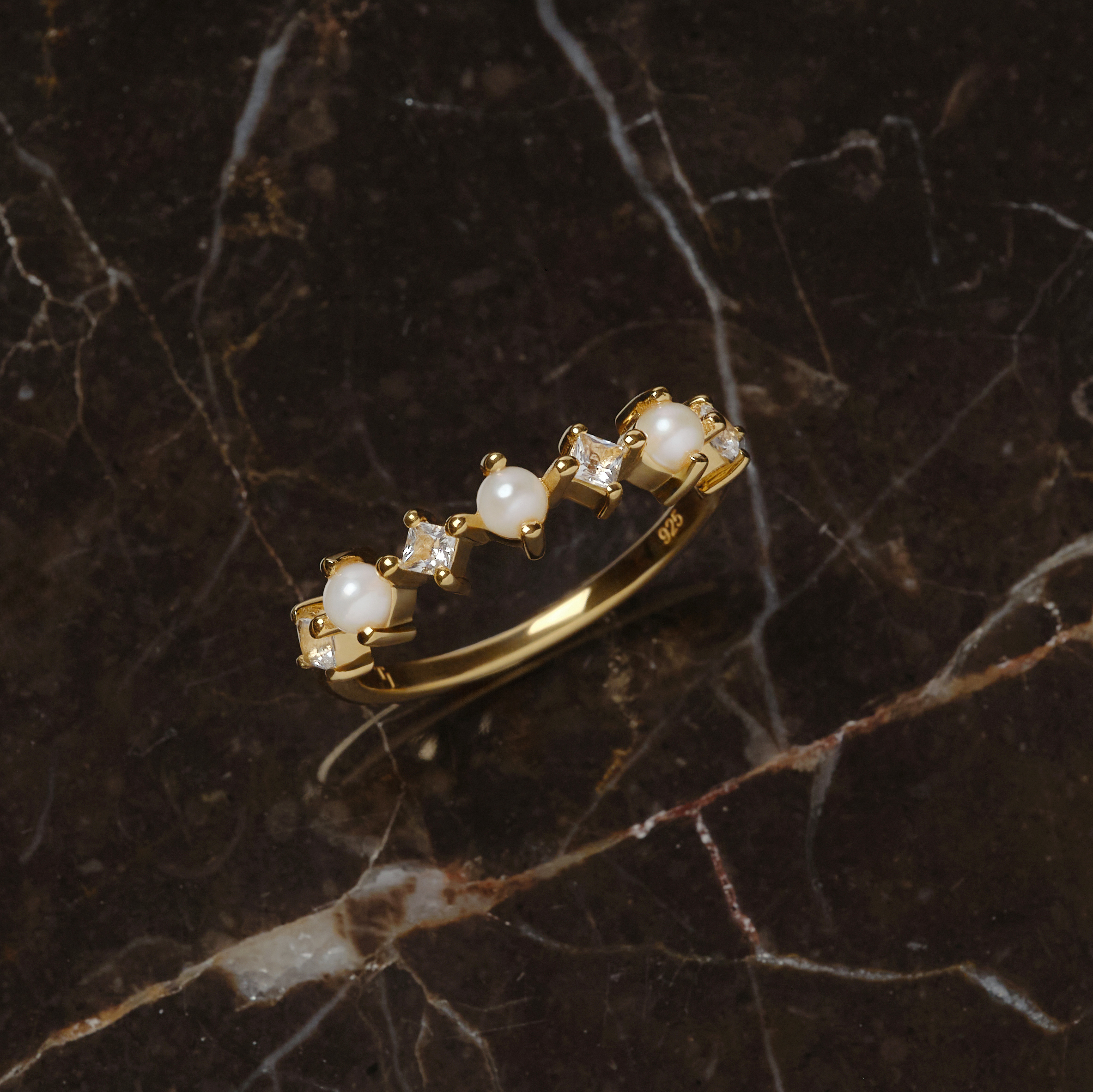 S925 PEARL & TOPAZ CONBI HALF ETERNITY RING