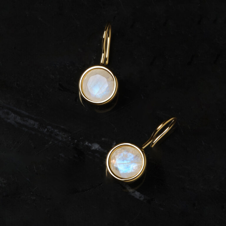 S925 ROUND STONE PIERCE -RAINBOW MOON STONE-